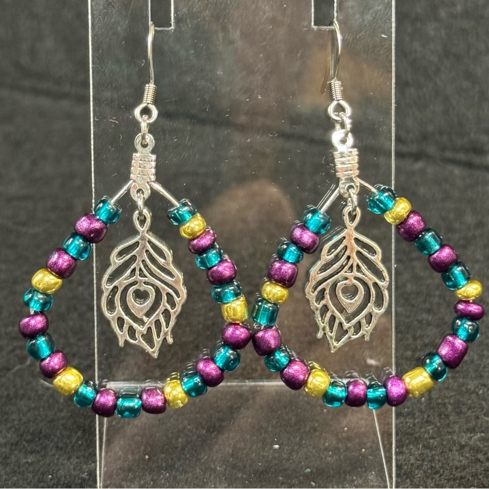 Colorful Beaded Earrings with Silvery Peacock Feather Charms